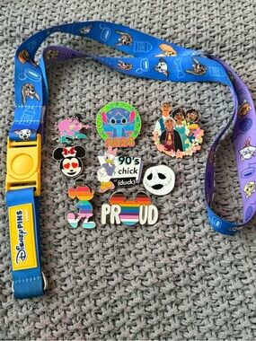 Disney Blue & Purple Lanyard with Colorful Disney Character Pins
